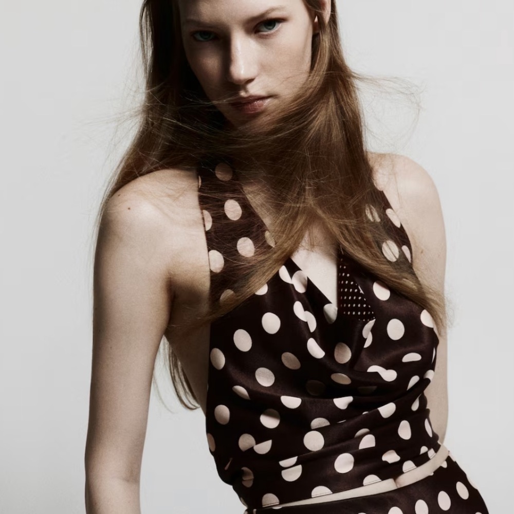 H&M Brown Polka Dot Halter Crop Top with Cream Dots